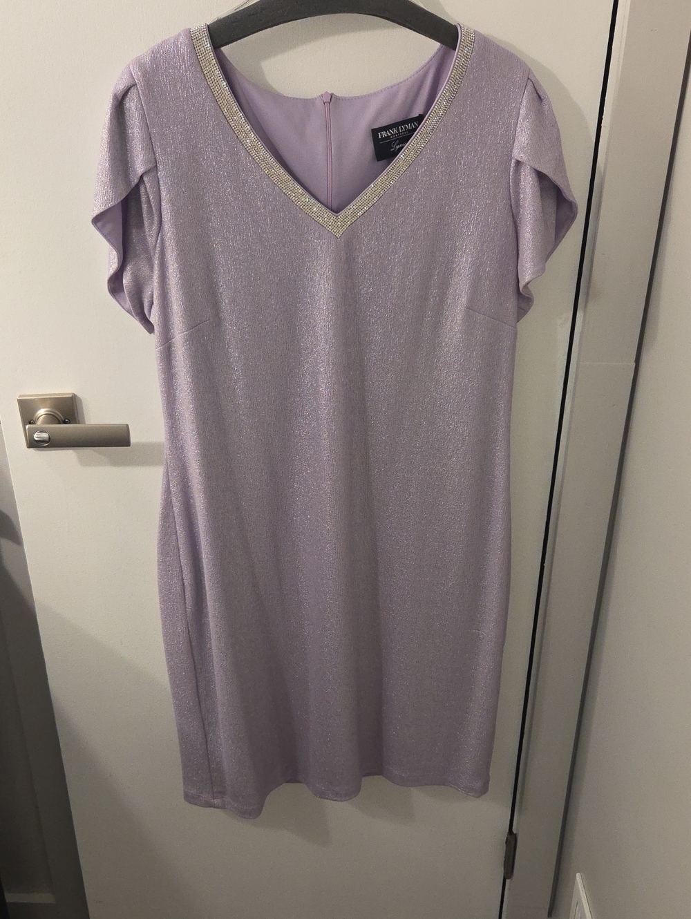 Frank Lyman Design Lilac Shimmer V-Neck Dress with Embellished Trim